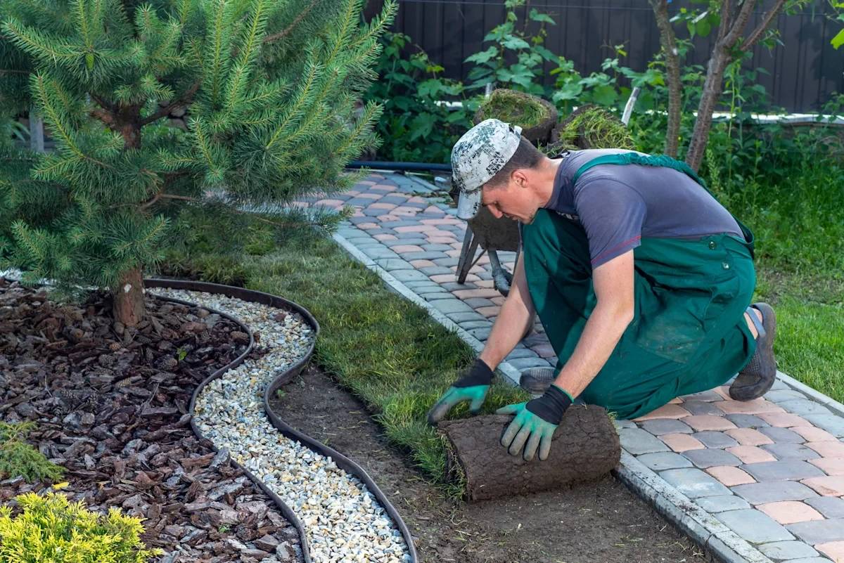 Gardener laying turf along a residential garden path