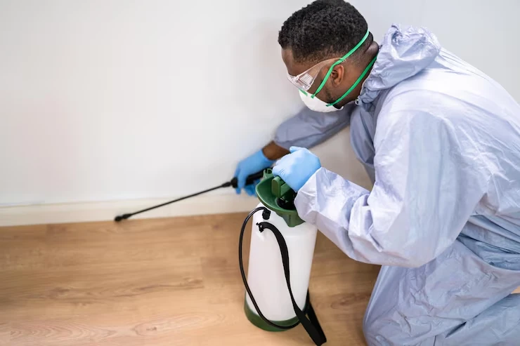 Pest control technician treating a room along the skirting board